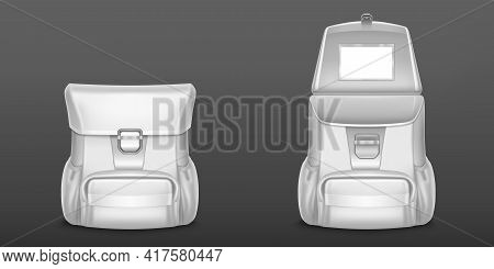 White Backpack, School Or Travel Rucksack Isolated On Gray Background. Vector Realistic Mockup Of Bl