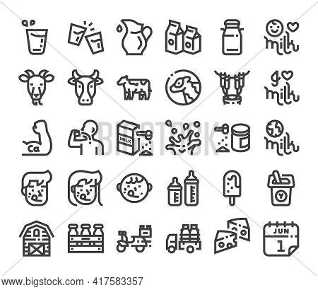 Milk Icon Linear Style Vector Set. Dairy Farm And World Milk Day Celebration.