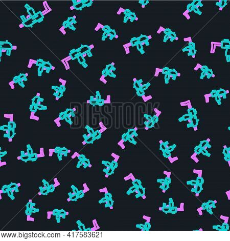 Line Mp9 Submachine Gun Icon Isolated Seamless Pattern On Black Background. Automatic Weapon. Vector