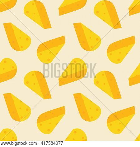 Cute Cartoon Style Cheese Chunks, Dairy Product Vector Seamless Pattern Background.