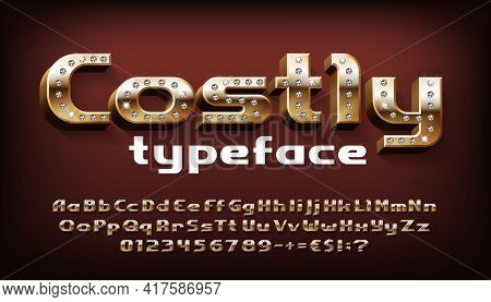 Costly Alphabet Font. 3d Gold Letters, Numbers And Symbols With Diamonds. Uppercase And Lowercase. S