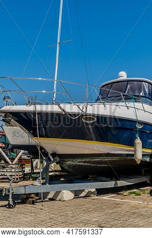 Closeup Of Luxury Yacht On Metal Transport Trailer