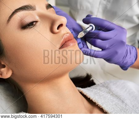 Lip Augmentation Procedure. Filler Injection For Beautiful Woman Lip Augmentation With Hyaluronic, S
