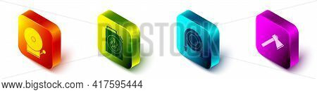 Set Isometric Ringing Alarm Bell, Canister For Flammable Liquids, Fire Hose Reel And Firefighter Axe