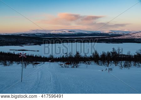 Snowy Winter Landscape Of Sarek National Park In Swedish Lappland
