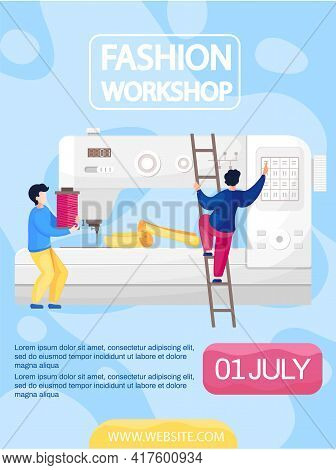Men Insert Skein Of Thread Into Sewing Machine In Tailoring Studio. Fashion Workshop Concept Poster