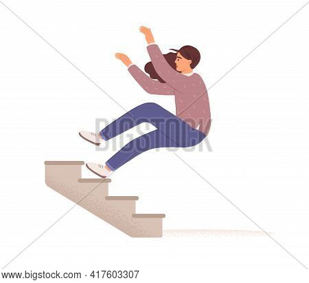 Employee Falling Down From Career Ladder. Fall Of Woman From Stairs. Failure, Fiasco, Problem, Troub