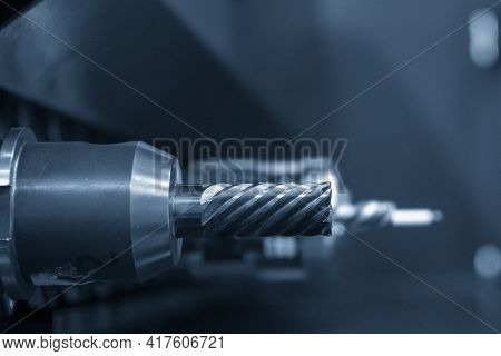The Square Type Solid End Mill  Tool In The Tooling Magazine Of Machining Center. The Automatic Toll