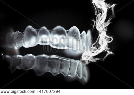 Transparent Ferule Retainer Teeth Alignment. Copy Space