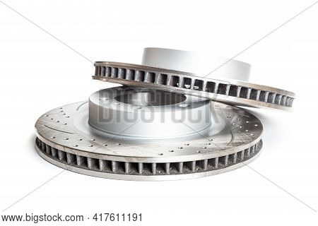 Perforated Improved Brake Discs For Better Braking Isolated On White Background