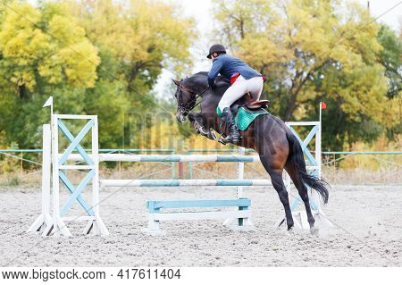 Young Man Jumps A Horse On Show Jumping Event