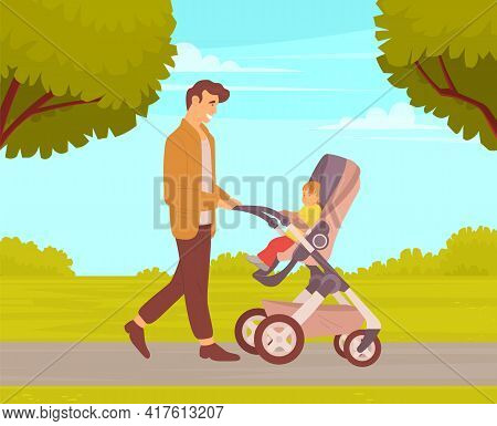 Young Father Walking With Baby Stroller In City Park. Dad Spend Time With His Son Ourdoors