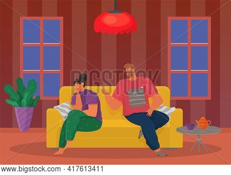 Young People Quarreling At Home. Man And Woman Couple In Bad Relationship, Family Altercation