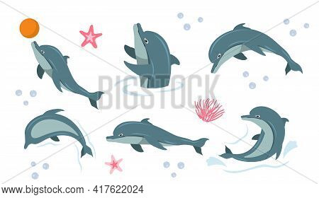 Cartoon Funny Dolphin. Playful Dolphins. Cute Blue Dolphins Set, Dolphin Jumping And Performings Tri