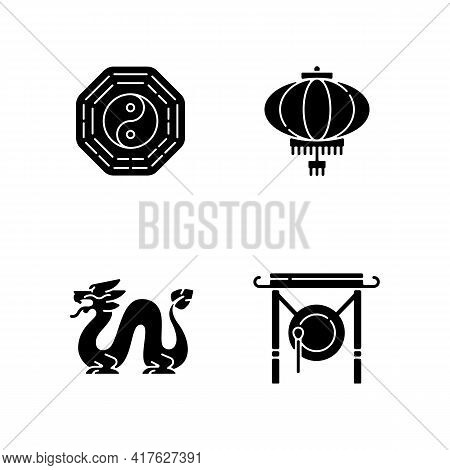 Lunar New Year Attributes Black Glyph Icons Set On White Space. Bagua, Feng Shui. Paper Lantern. Loo