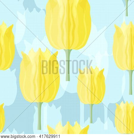 Seamless Pattern With Varietal Yellow And Blue Tulips. Blue Silhouettes Of The Same Tulip On The Blu