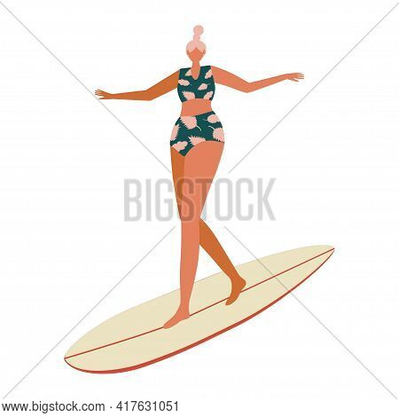 Girl Surfer Character In A Tropical Print Swimsuit And With A Surfboard. Summer Illustration For Pri