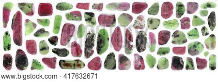 Ruby Zoisite Jewel Stones Set Texture On Light White Isolated Background. Macro Closeup.