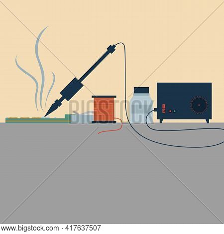 Soldering Iron And Soldering Process. Flat Vector