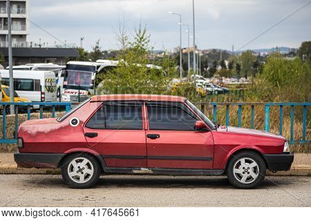 Antalya, Turkey - April 12 2021: Red Tofas Dogan Parked On The Street On A Warm Summer Day
