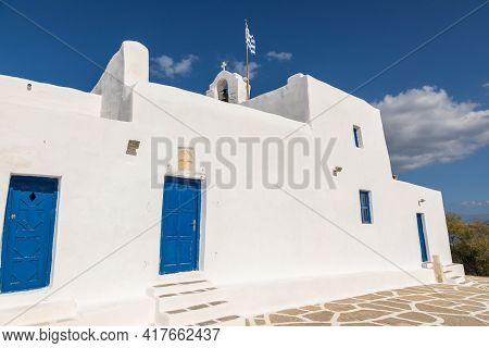 View Of The Monastery Of Saint John Of Deti On Paros Island, Hill Near Monasteri Beach. Greece.
