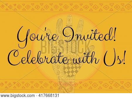 Invitation with we're engaged celebrate with us text over hand pattern on yellow circle. celebration, correspondence and communication concept digitally generated image.