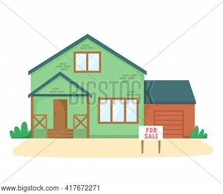 House For Sale. Nice Detached House With Garage On Sale. Flat Style Vector