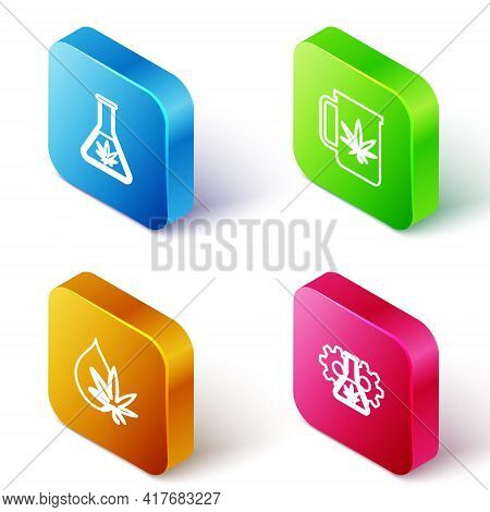 Set Isometric Line Test Tube With Marijuana, Cup Tea, Marijuana Or Cannabis Leaf Oil And Icon. Vecto