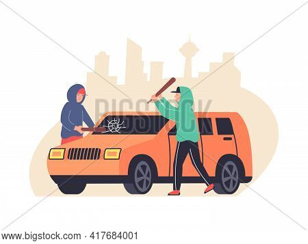 Two Vandals Breaking Car Windows With Bats Flat Composition Vector Illustration