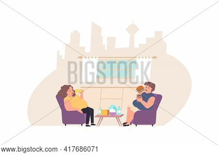 Gluttony Food Addiction Flat Composition With Two Eating Overweight People Vector Illustration