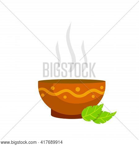 Green Tea Cup. Brown Earthenware. Flat Cartoon Illustration With Leaves. Piala Bowl. National Ethnic