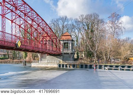 Berlin, Germany - February 19, 2021: Heritage-protected Steel Truss Haven Bridge ( Sechserbruecke) O