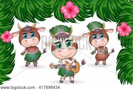 Tropical New Year 2021, Celebration. Group Of Cows And Bulls As Hula Dancers With Acoustic Ukulele G