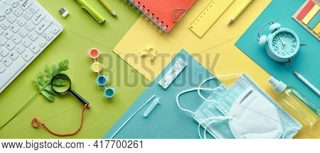 Back To School Banner, School Reopening After Corona Pandemics Quarantine. Covid Antigen Quick Tests
