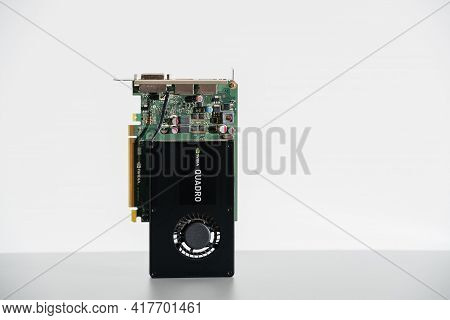 Paris, France - Aug 23, 2017: Detail Of New Professional Nvidia Quadro K2200 Gpu Video Card With Coo