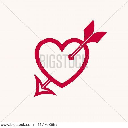 Cupid Heart With Arrow From Bow Vector Icon Or Logo, Romantic Heart Fallen In Love Concept, Valentin