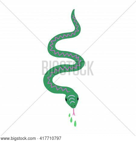 Green Snake In Minimalistic Doodle Style With Drops Of Poison.
