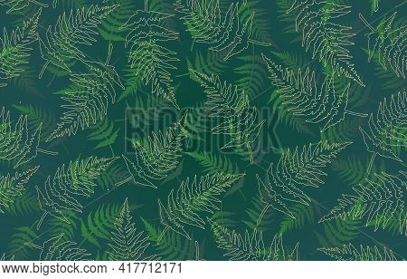 Green Fern And Golden Lines Background, Seamless Pattern With Fern, Green And Gold Fern Leaves Patte