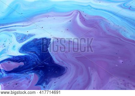 Abstract Lilac-blue Marble Background. The Effect Of Natural Stone. Acrylic Paint Flows Freely And C