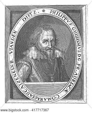 Portrait of Filips Willem in an oval. His name in a frame.