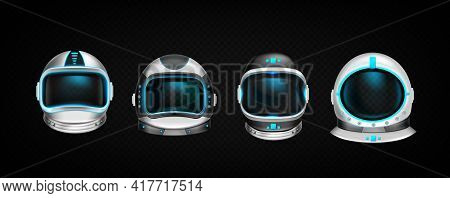Astronaut Helmets, Cosmonaut Space Suit Front View Isolated Mockup On Black Background. Pilot Costum