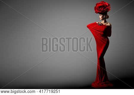 Fashion Woman In Red Dress Rose Flower Crown Hairstyle. Elegant Sexy Model In Floral Hat Bodycon Gow