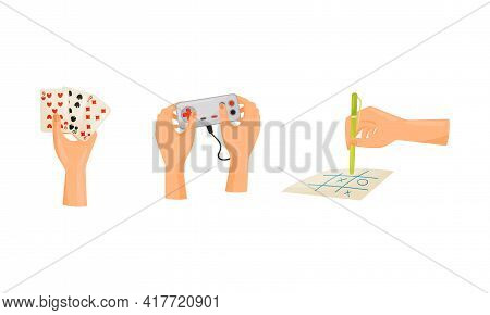 Human Hand Playing Card Game And Oughts And Crosses Vector Set