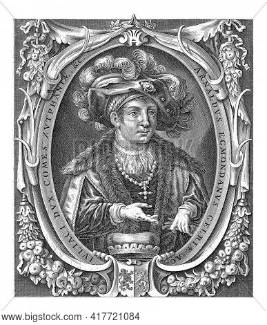 Portrait of Aarnout van Egmond, Duke of Guelders and Count of Zutphen. The portrait is contained in a cartouche decorated with fruit, with the coat of arms of Gelderland at the bottom.