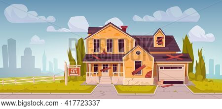 Old Suburban House With Sign For Sale. Abandoned Residential Cottage From Yellow Brick With Garage, 