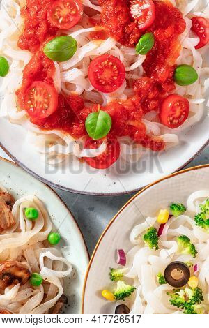 Konjac Pasta Dishes With Vegetables Close-up, Low-calorie Diet