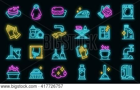 Housekeeping Icons Set. Outline Set Of Housekeeping Vector Icons Neon Color On Black