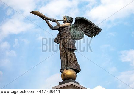 Vilnius, Lithuania - April 10, 2021: Uzupis Angel Sculpture (sculptor Romas Vilciauskas) Was Placed 