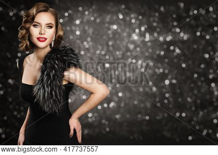 Retro Fashion Model In Black Dress Fur, Glamour Wave Hairstyle Makeup, Beauty Woman Portrait, Studio