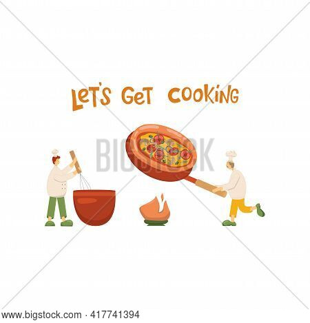 Pizza Illustration With Cook And Lettering Sign Lets Get Cooking For Pizzeria Menu Take Away Box, De